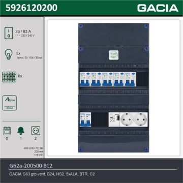 GACIA G62a-200500-BC2, 1-fase groepenkast 63A met aardlekautomaten, 5-groepen, beltrafo, 2V-contactdoos, technische gegevens