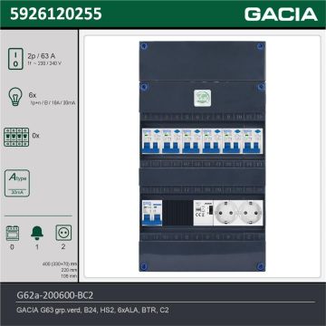 GACIA G62a-200600-BC2, 1-fase groepenkast 63A met aardlekautomaten, 6-groepen, beltrafo, 2V-contactdoos, technische gegevens