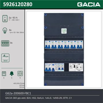 GACIA G62a-200600-FBC1, 1-fase groepenkast 63A met aardlekautomaten, 7-groepen, fornuisgroep, beltrafo, 1V-contactdoos, technische gegevens