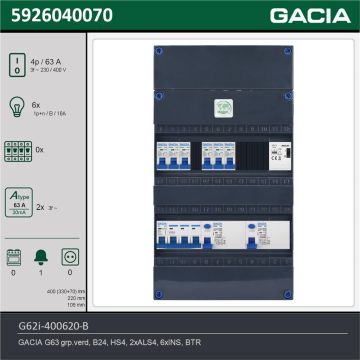 GACIA G62i-400620-B, 3-fase groepenkast 63A met installatieautomaten, 6-groepen, beltrafo, technische gegevens