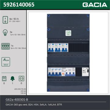 GACIA G62a-400301-B, 3-fase groepenkast 63A met aardlekautomaten, 4-groepen, beltrafo, technische gegevens