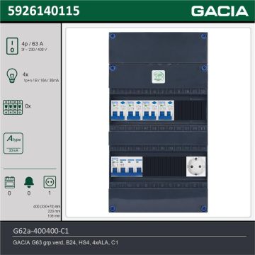 GACIA G62a-400400-C1, 3-fase groepenkast 63A met aardlekautomaten, 4-groepen, 1V-contactdoos, technische gegevens