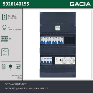 GACIA G62a-400400-BC2, 3-fase groepenkast 63A met aardlekautomaten, 4-groepen, beltrafo, 2V-contactdoos, technische gegevens
