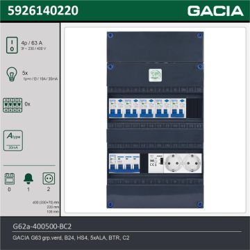 GACIA G62a-400500-BC2, 3-fase groepenkast 63A met aardlekautomaten, 5-groepen, beltrafo, 2V-contactdoos, technische gegevens