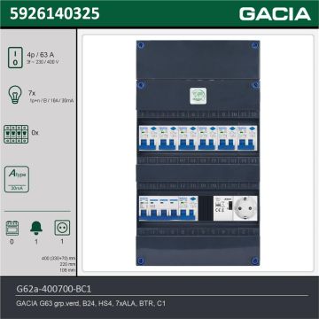 GACIA G62a-400700-BC1, 3-fase groepenkast 63A met aardlekautomaten, 7-groepen, beltrafo, 1V-contactdoos, technische gegevens
