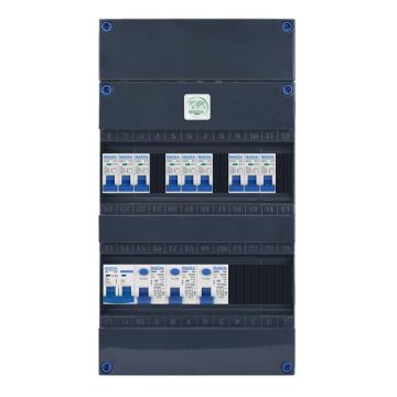 GACIA G223090 groepenkast - 1-fase, 40A hoofdschakelaar, 3 aardlekschakelaars, 9 groepen met verhoogde buisinvoer - vooraanzicht