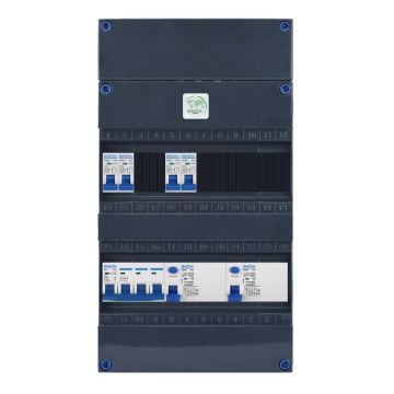 GACIA GAC110 groepenkast - 3-fase, 40A hoofdschakelaar, 2 aardlekschakelaars 4-polig, 4 lichtgroepen, met verhoogde buisinvoer - vooraanzicht