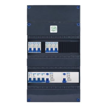 GACIA GAC111 groepenkast - 3-fase, 40A hoofdschakelaar, 2 aardlekschakelaars 4-polig, 6 lichtgroepen, met verhoogde buisinvoer - vooraanzicht