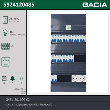 GACIA G43a-201000-C2, 1-fase groepenkast 40A met aardlekautomaten, 10-groepen, 2V-contactdoos, technische gegevens