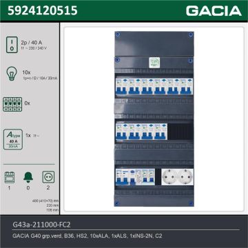 GACIA G43a-211000-FC2, 1-fase groepenkast 40A met aardlekautomaten, 11-groepen, fornuisgroep, 2V-contactdoos, technische gegevens