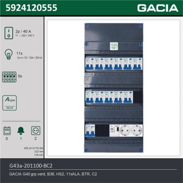 GACIA G43a-201100-BC2, 1-fase groepenkast 40A met aardlekautomaten, 11-groepen, beltrafo, 2V-contactdoos, technische gegevens