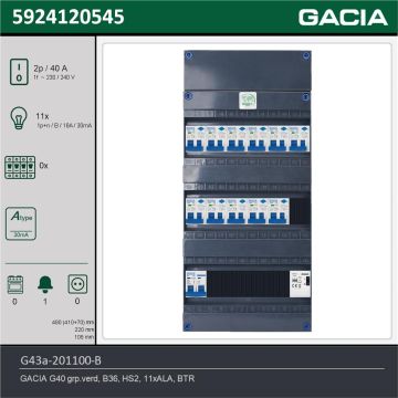 GACIA G43a-201100-B, 1-fase groepenkast 40A met aardlekautomaten, 11-groepen, beltrafo, technische gegevens