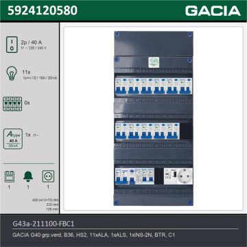 GACIA G43a-211100-FBC1, 1-fase groepenkast 40A met aardlekautomaten, 12-groepen, fornuisgroep, beltrafo, 1V-contactdoos, technische gegevens