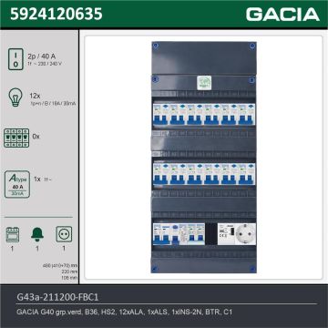 GACIA G43a-211200-FBC1, 1-fase groepenkast 40A met aardlekautomaten, 13-groepen, fornuisgroep, beltrafo, 1V-contactdoos, technische gegevens