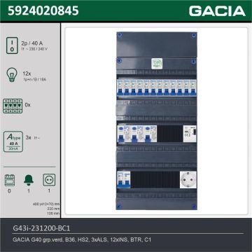 GACIA G43i-231200-BC1, 1-fase groepenkast 40A met installatieautomaten, 12-groepen, beltrafo, 1V-contactdoos, technische gegevens