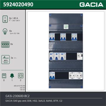 GACIA G43i-230600-BC2, 1-fase groepenkast 40A met installatieautomaten, 6-groepen, beltrafo, 2V-contactdoos, technische gegevens