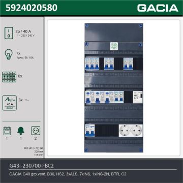 GACIA G43i-230700-FBC2, 1-fase groepenkast 40A met installatieautomaten, 8-groepen, fornuisgroep, beltrafo, 2V-contactdoos, technische gegevens