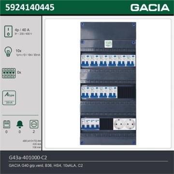 GACIA G43a-401000-C2, 3-fase groepenkast 40A met aardlekautomaten, 10-groepen, 2V-contactdoos, technische gegevens