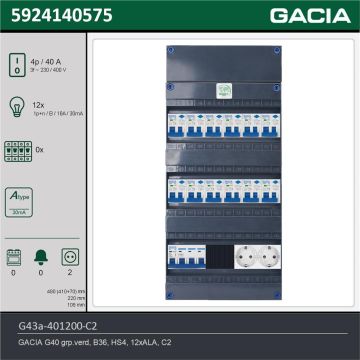 GACIA G43a-401200-C2, 3-fase groepenkast 40A met aardlekautomaten, 12-groepen, 2V-contactdoos, technische gegevens