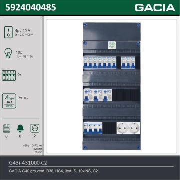 GACIA G43i-431000-C2, 3-fase groepenkast 40A met installatieautomaten, 10-groepen, 2V-contactdoos, technische gegevens