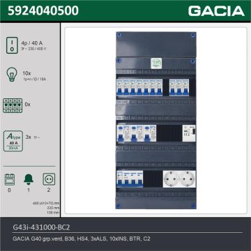 GACIA G43i-431000-BC2, 3-fase groepenkast 40A met installatieautomaten, 10-groepen, beltrafo, 2V-contactdoos, technische gegevens