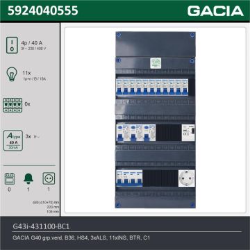 GACIA G43i-431100-BC1, 3-fase groepenkast 40A met installatieautomaten, 11-groepen, beltrafo, 1V-contactdoos, technische gegevens