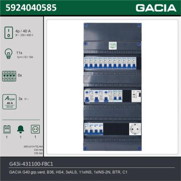 GACIA G43i-431100-FBC1, 3-fase groepenkast 40A met installatieautomaten, 12-groepen, fornuisgroep, beltrafo, 1V-contactdoos, technische gegevens