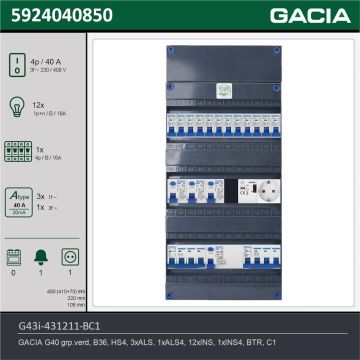 GACIA G43i-431211-BC1, 3-fase groepenkast 40A met installatieautomaten, 13-groepen, beltrafo, 1V-contactdoos, technische gegevens