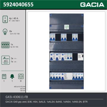 GACIA G43i-430611-FB, 3-fase groepenkast 40A met installatieautomaten, 8-groepen, fornuisgroep, beltrafo, technische gegevens