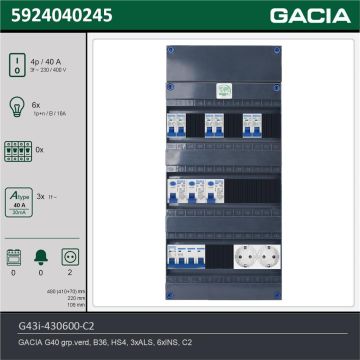 GACIA G43i-430600-C2, 3-fase groepenkast 40A met installatieautomaten, 6-groepen, 2V-contactdoos, technische gegevens