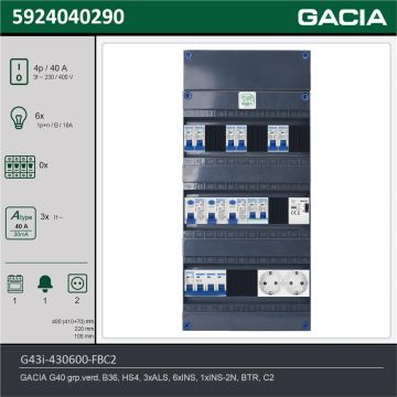 GACIA G43i-430600-FBC2, 3-fase groepenkast 40A met installatieautomaten, 7-groepen, fornuisgroep, beltrafo, 2V-contactdoos, technische gegevens