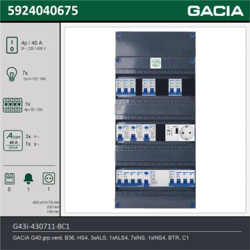 GACIA G43i-430711-BC1, 3-fase groepenkast 40A met installatieautomaten, 8-groepen, beltrafo, 1V-contactdoos, technische gegevens
