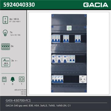 GACIA G43i-430700-FC1, 3-fase groepenkast 40A met installatieautomaten, 8-groepen, fornuisgroep, 1V-contactdoos, technische gegevens