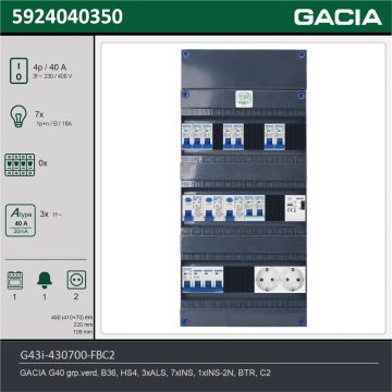 GACIA G43i-430700-FBC2, 3-fase groepenkast 40A met installatieautomaten, 8-groepen, fornuisgroep, beltrafo, 2V-contactdoos, technische gegevens