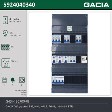 GACIA G43i-430700-FB, 3-fase groepenkast 40A met installatieautomaten, 8-groepen, fornuisgroep, beltrafo, technische gegevens