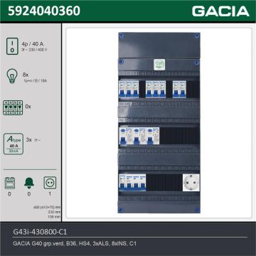 GACIA G43i-430800-C1, 3-fase groepenkast 40A met installatieautomaten, 8-groepen, 1V-contactdoos, technische gegevens