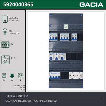 GACIA G43i-430800-C2, 3-fase groepenkast 40A met installatieautomaten, 8-groepen, 2V-contactdoos, technische gegevens
