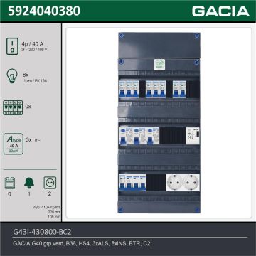 GACIA G43i-430800-BC2, 3-fase groepenkast 40A met installatieautomaten, 8-groepen, beltrafo, 2V-contactdoos, technische gegevens