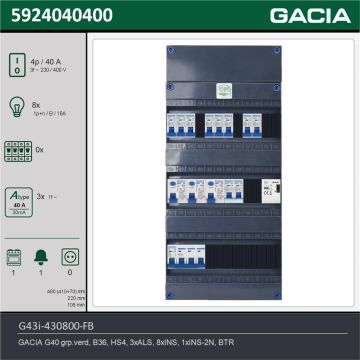 GACIA G43i-430800-FB, 3-fase groepenkast 40A met installatieautomaten, 9-groepen, fornuisgroep, beltrafo, technische gegevens