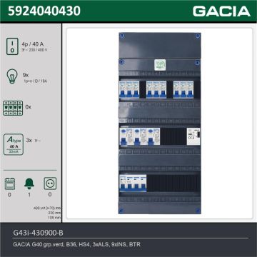 GACIA G43i-430900-B, 3-fase groepenkast 40A met installatieautomaten, 9-groepen, beltrafo, technische gegevens