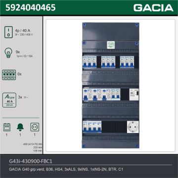 GACIA G43i-430900-FBC1, 3-fase groepenkast 40A met installatieautomaten, 10-groepen, fornuisgroep, beltrafo, 1V-contactdoos, technische gegevens