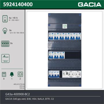 GACIA G43a-400900-BC2, 3-fase groepenkast 40A met aardlekautomaten, 9-groepen, beltrafo, 2V-contactdoos, technische gegevens