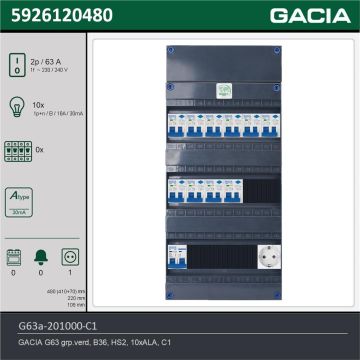 GACIA G63a-201000-C1, 1-fase groepenkast 63A met aardlekautomaten, 10-groepen, 1V-contactdoos, technische gegevens