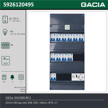 GACIA G63a-201000-BC1, 1-fase groepenkast 63A met aardlekautomaten, 10-groepen, beltrafo, 1V-contactdoos, technische gegevens