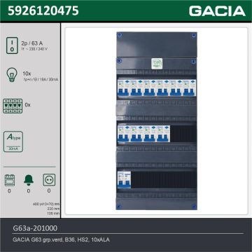 GACIA G63a-201000, 1-fase groepenkast 63A met aardlekautomaten, 10-groepen, technische gegevens