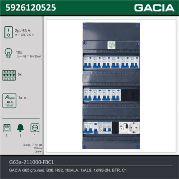GACIA G63a-211000-FBC1, 1-fase groepenkast 63A met aardlekautomaten, 11-groepen, fornuisgroep, beltrafo, 1V-contactdoos, technische gegevens