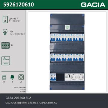 GACIA G63a-201200-BC2, 1-fase groepenkast 63A met aardlekautomaten, 12-groepen, beltrafo, 2V-contactdoos, technische gegevens