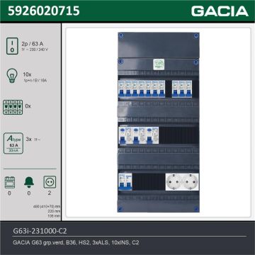 GACIA G63i-231000-C2, 1-fase groepenkast 63A met installatieautomaten, 10-groepen, 2V-contactdoos, technische gegevens