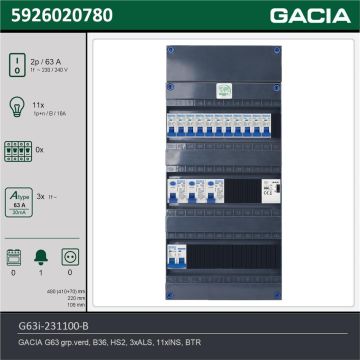 GACIA G63i-231100-B, 1-fase groepenkast 63A met installatieautomaten, 11-groepen, beltrafo, technische gegevens