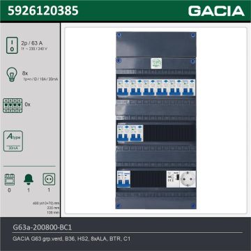 GACIA G63a-200800-BC1, 1-fase groepenkast 63A met aardlekautomaten, 8-groepen, beltrafo, 1V-contactdoos, technische gegevens